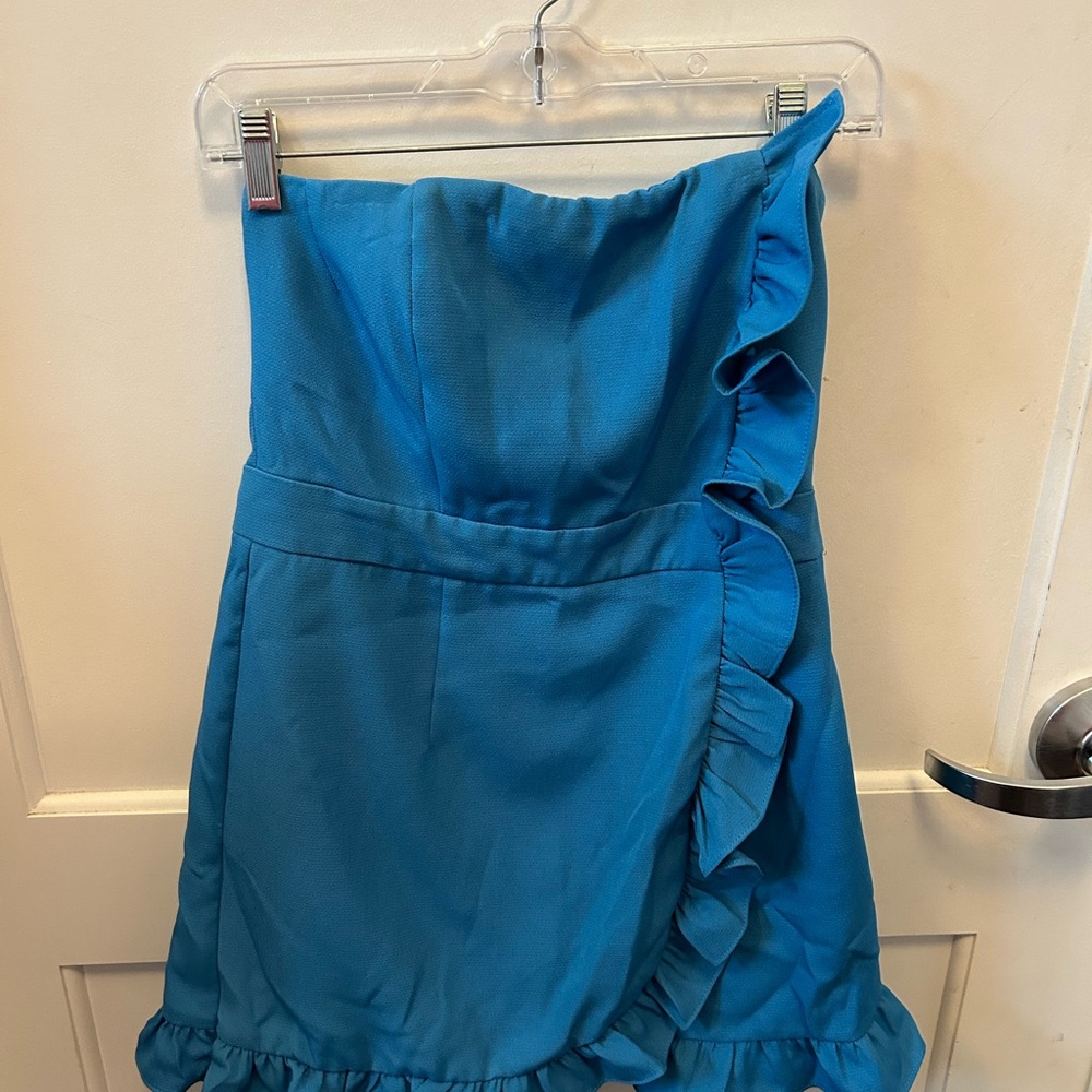 Blue Ruffled Strapless Romper